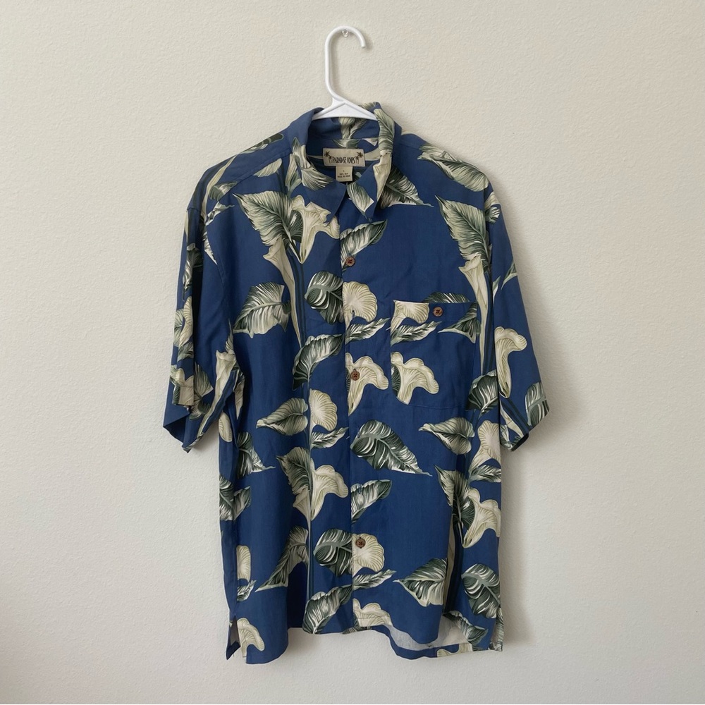 Paradise Cove Mens Large Button Down Hawaiian Floral Blue Short Sleeve 100% Silk